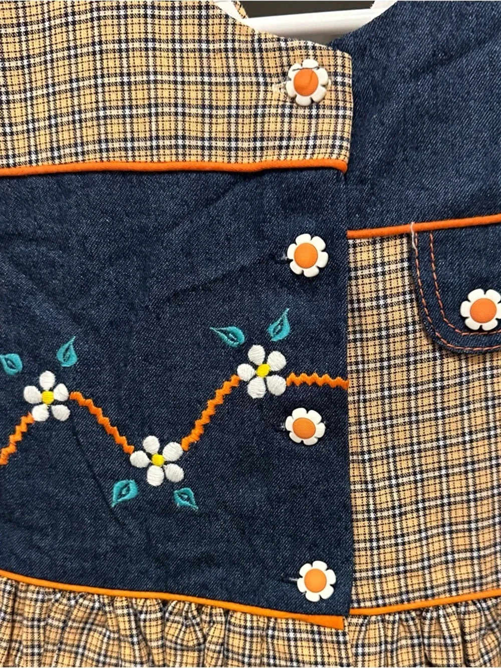 Vintage Narci Stell Sleeveless Patchwork Plaid Denim Flower Dress Girls 8 orange